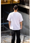 Unisex Bisiklet Yaka Baskılı Oversize T-Shirt - Beyaz