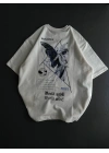 Unisex Bisiklet Yaka Baskılı Oversize T-Shirt - Beyaz