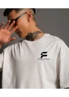 Unisex Bisiklet Yaka Baskılı Oversize T-Shirt - Beyaz