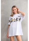 Unisex Bisiklet Yaka Baskılı Oversize T-Shirt - Beyaz