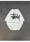 Unisex Bisiklet Yaka Baskılı Oversize T-Shirt - Beyaz
