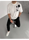 Unisex Bisiklet Yaka Baskılı Oversize T-Shirt - Beyaz
