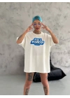 Unisex Bisiklet Yaka Baskılı Oversize T-Shirt - Beyaz