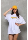 Unisex Bisiklet Yaka Baskılı Oversize T-Shirt - Beyaz