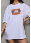 Unisex Bisiklet Yaka Baskılı Oversize T-Shirt - Beyaz