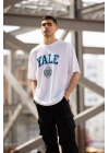 Unisex Bisiklet Yaka Baskılı Oversize T-Shirt - Beyaz