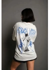 Unisex Bisiklet Yaka Baskılı Oversize T-Shirt - Beyaz