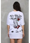 Unisex Bisiklet Yaka Baskılı Oversize T-Shirt - Beyaz