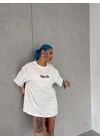 Unisex Bisiklet Yaka Baskılı Oversize T-Shirt - Beyaz