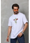 Unisex Bisiklet Yaka Baskılı Oversize T-Shirt - Beyaz
