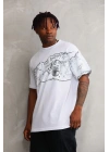 Unisex Bisiklet Yaka Baskılı Oversize T-Shirt - Beyaz
