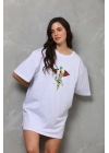 Unisex Bisiklet Yaka Baskılı Oversize T-Shirt - Beyaz
