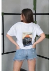 Unisex Bisiklet Yaka Baskılı Oversize T-Shirt- Beyaz