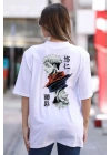 Unisex Bisiklet Yaka Baskılı Oversize T-Shirt - Beyaz