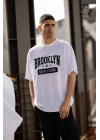 Unisex Bisiklet Yaka Baskılı Oversize T-Shirt - Beyaz