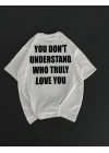 Unisex Bisiklet Yaka Baskılı Oversize T-Shirt - Beyaz