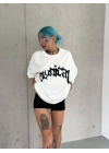 Unisex Bisiklet Yaka Baskılı Oversize T-Shirt - Beyaz