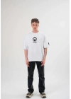 Unisex Bisiklet Yaka Baskılı Oversize T-Shirt - Beyaz
