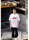 Unisex Bisiklet Yaka Baskılı Oversize T-Shirt - Beyaz