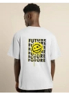 Unisex Bisiklet Yaka Baskılı Oversize T-Shirt - Beyaz
