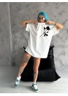 Unisex Bisiklet Yaka Baskılı Oversize T-Shirt - Beyaz