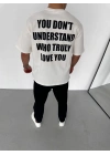 Unisex Bisiklet Yaka Baskılı Oversize T-Shirt - Beyaz