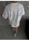 Unisex Bisiklet Yaka Baskılı Oversize T-Shirt - Beyaz
