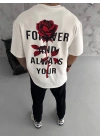 Unisex Bisiklet Yaka Baskılı Oversize T-Shirt - Beyaz
