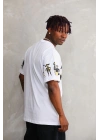 Unisex Bisiklet Yaka Baskılı Oversize T-Shirt - Beyaz