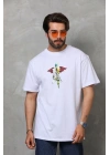 Unisex Bisiklet Yaka Baskılı Oversize T-Shirt - Beyaz