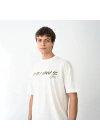 Unisex Bisiklet Yaka Baskılı Oversize T-Shirt - Beyaz