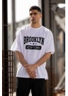 Unisex Bisiklet Yaka Baskılı Oversize T-Shirt - Beyaz