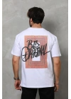 Unisex Bisiklet Yaka Baskılı Oversize T-Shirt - Beyaz