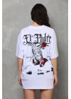 Unisex Bisiklet Yaka Baskılı Oversize T-Shirt - Beyaz