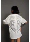 Unisex Bisiklet Yaka Baskılı Oversize T-Shirt - Beyaz