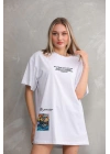 Unisex Bisiklet Yaka Baskılı Oversize T-Shirt - Beyaz