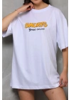 Unisex Bisiklet Yaka Baskılı Oversize T-Shirt - Beyaz