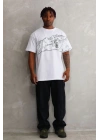 Unisex Bisiklet Yaka Baskılı Oversize T-Shirt - Beyaz