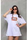 Unisex Bisiklet Yaka Baskılı Oversize T-Shirt - Beyaz