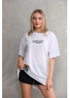 Unisex Bisiklet Yaka Baskılı Oversize T-Shirt - Beyaz