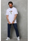 Unisex Bisiklet Yaka Baskılı Oversize T-Shirt - Beyaz