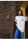 Unisex Bisiklet Yaka Baskılı Oversize T-Shirt - Beyaz