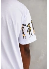 Unisex Bisiklet Yaka Baskılı Oversize T-Shirt - Beyaz