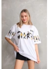 Unisex Bisiklet Yaka Baskılı Oversize T-Shirt - Beyaz