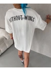 Unisex Bisiklet Yaka Baskılı Oversize T-Shirt - Beyaz