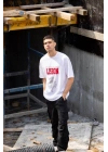 Unisex Bisiklet Yaka Baskılı Oversize T-Shirt - Beyaz