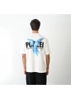 Unisex Bisiklet Yaka Baskılı Oversize T-Shirt - Beyaz