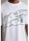 Unisex Bisiklet Yaka Baskılı Oversize T-Shirt - Beyaz