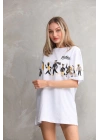Unisex Bisiklet Yaka Baskılı Oversize T-Shirt - Beyaz