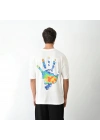Unisex Bisiklet Yaka Baskılı Oversize T-Shirt - Beyaz